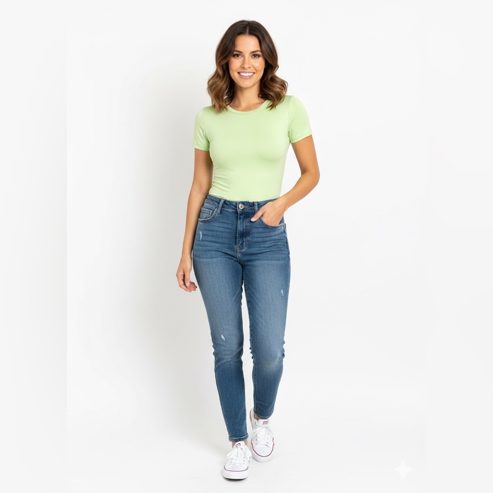 Gianni Bini Lime Green Bodysuit Small Stretch Fitted Clean Girl Minimal Top